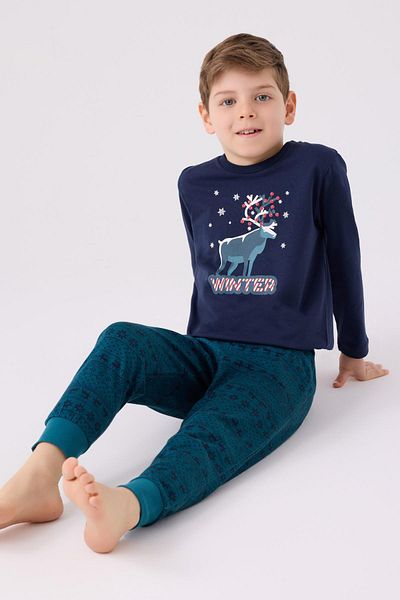 Arnetta Navy Blue Winter Men's Pajama Set - Long Sleeve, Can Be Combined with Father and Son