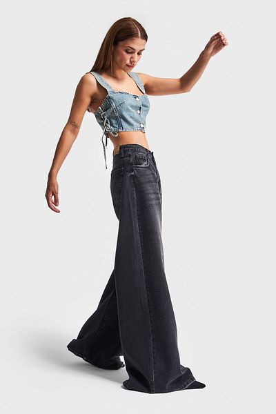 its basic Dámské tmavé zakouřené kalhoty Palazzo – barva 2W41, 100% bavlna Denim, střih midrise
