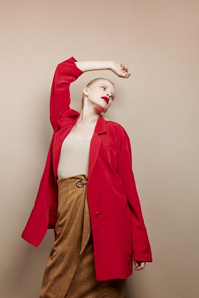 Saade Red Oversize Single Button Closure Pocket Woven Blazer Jacket