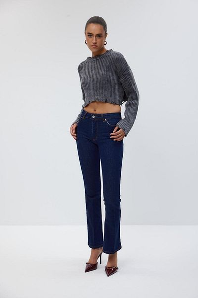 Tuba Butik High Waist Flare Dark Navy Blue Women's Jean Trousers