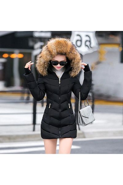 Barbora Damen-Puffermantel mit Kapuze und Fell und Winterhandschuhen