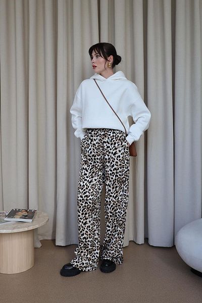 Tuba Butik Leopard Patterned Beige Black Women's Trousers with Elastic Waist