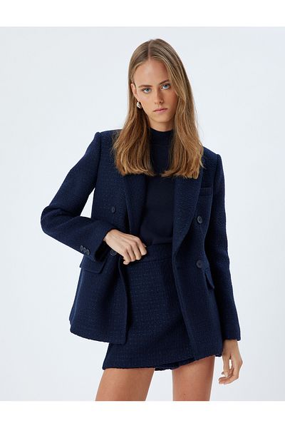 Koton Tweed Double Breasted Blazer Jacket - τσέπες με πτερύγια, μήκος γοφού, κανονική εφαρμογή