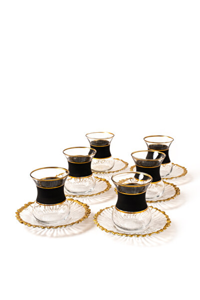 MEST 12 Parça 6 Kişilik Siyah Gold Yaldızlı Cam Çay Bardağı Seti – Sofralarınıza Şıklık ve Zarafet Katın
