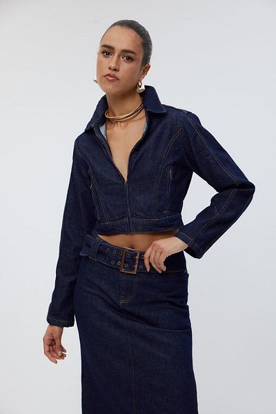 Tuba Butik Denim Jacket Skirt Dark Navy Blue Women's Set