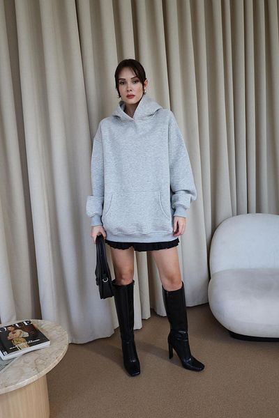 Tuba Butik Hooded Oversize Gray Women's Sweatshirt