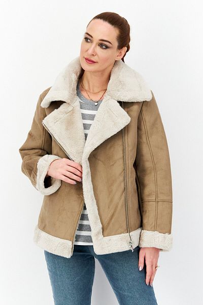 French Connection Women Spread Collar Textured Soft Shell Jacket, Taupe