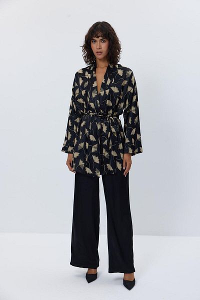 Tuba Butik Satin Kimono Trousers Black Women's Set