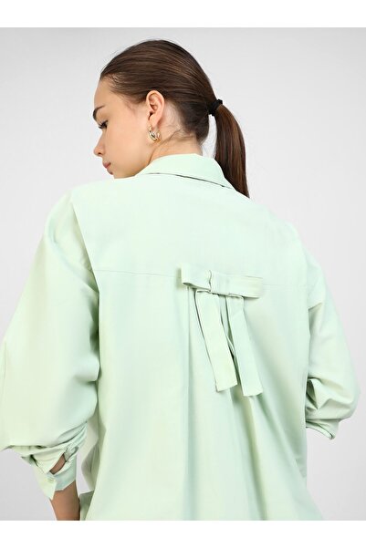 Benin Kurdele Detaylı Pamuklu Oversize Gömlek - Su yeşili - Benin