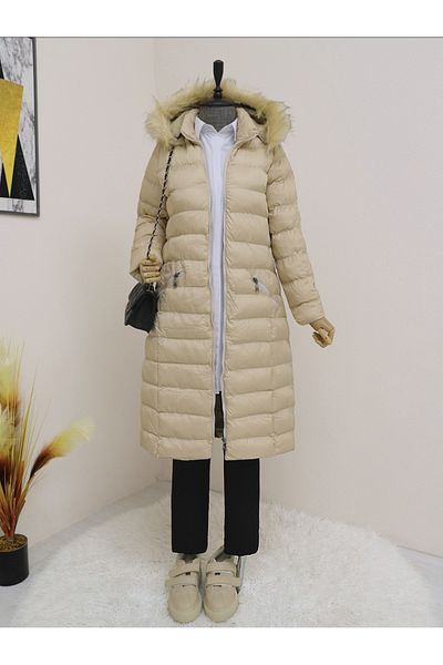 Modamorfo Stone Color Hooded Furry Inflatable Coat