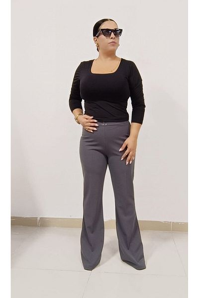 AKŞEN GİYİM Large Size Transverse Lycra Knee-Free Scuba Crepe Fabric Buckle Flared Leg Pants