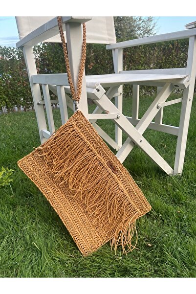 Bright3 El yapımı, Astarlı, Fermuarlı, Karamel Hasır Kağıt İp, Clutch El Çantası