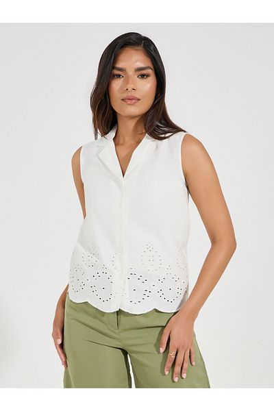 Styli Notch Collared Schiffli Border Sleeveless Shirt