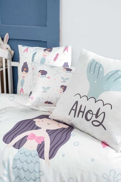 Montisu Mibabies Mermaid Baby Room Set - 100% Cotton, Duvet Cover Set, Throw Pillow and Wall Decoration
