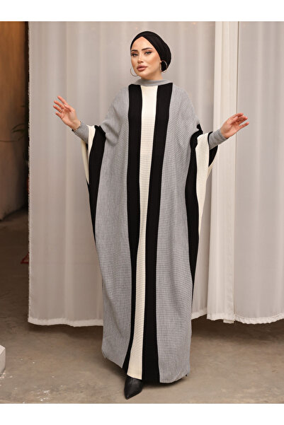 SAHRA BUTİK فستان تريكو بأكمام الخفاش - رمادي - صحارى بوتيك