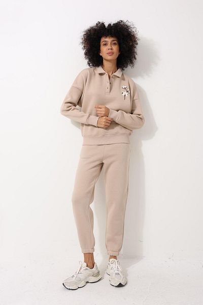 AMİDA Hanorac oversize brodat pentru femei, bej, cu gât polo, piept din bumbac, broderie - 2452