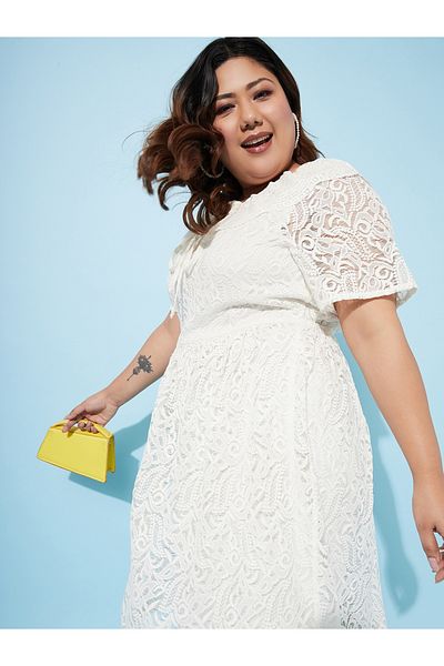 Athena By Styli Plus Size Tie-Up Neck Lace Insert Midi Dress