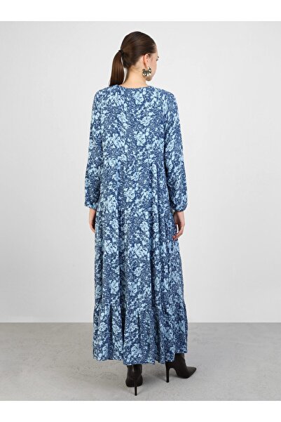Refka Dark Indigo Floral Patterned Viscose Hijab Dress - Refka