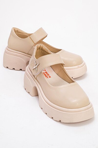 Ccway Piele lacuita BEJ - Pantofi casual de dama cu velcro