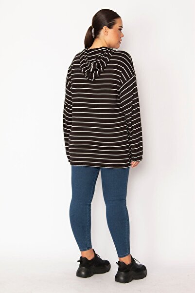 Şans Tunica neagră pentru femei, mărime mare, cu plăcuță frontală, cu fermoar, ochi și dantelă, cu glugă, în dungi 65n36248