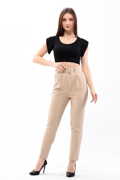 Deneme Kabinim Women's Narrow Leg Classic Belted Fabric Trousers - Stone