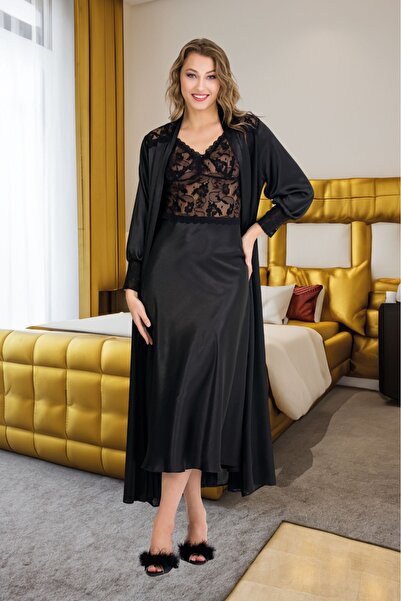 Lady Lingerie Σατέν Γυναικείο Νυχτικό με Πανωφόρι Σετ 2 τεμαχίων