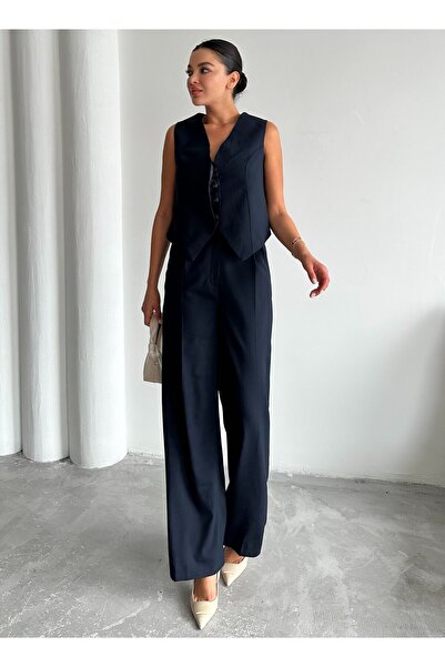 Laluvia Sötétkék Miranda szövet mellény nadrág szett