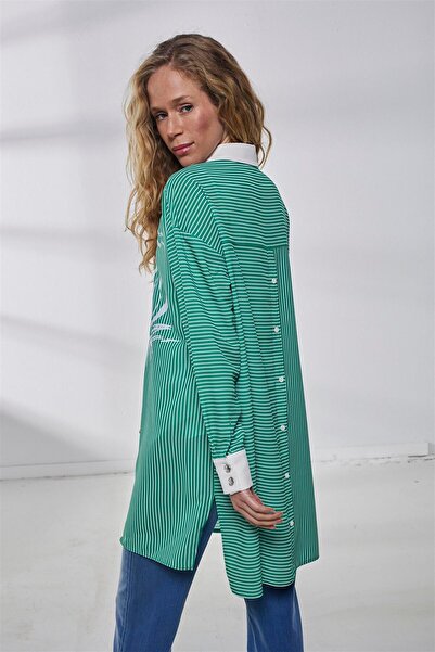 Moodbasic Çizgi Desenli Krep Tunik - Yeşil