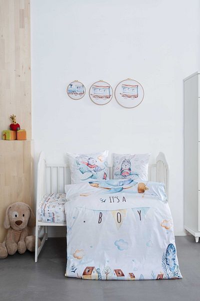 Montisu Mibabies Boy Pilot Baby Room Set - 100% Cotton Duvet Cover, Throw Pillow and Wall Decoration