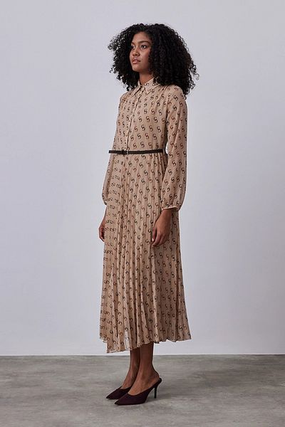 Gusto Camel Monogram Chiffon Dress - Waist Belt
