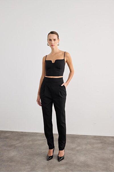 rue Yüksek Belli Önü Pileli Siyah Pantolon