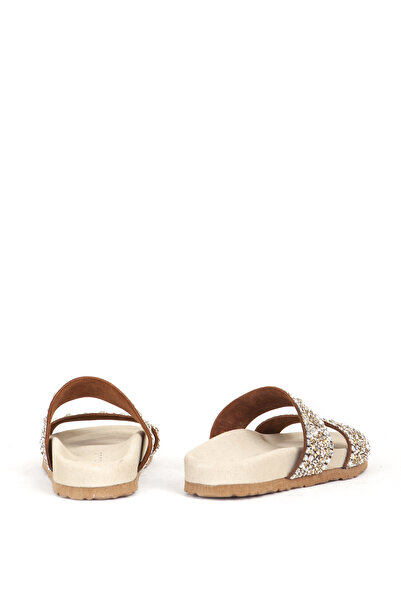 Dericlub Genuine Leather Stoned Double Banded Women's Slippers - Zy 7866 Tan