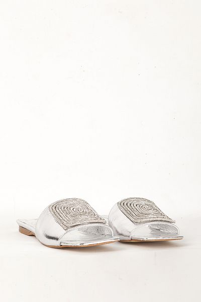 Dericlub Stylish Blunt Toe Women's Slippers with Stone Detail - Real Leather Zy 7667 Lame