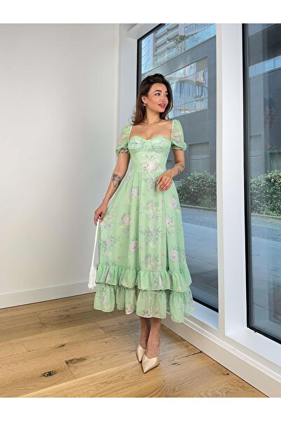 modaçelikler Göğüs Kısmı Drapeli Balon Kol Kailan Kadın Yeşil Elbise 24Y658