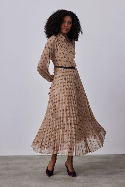 Gusto Camel Monogram Chiffon Dress - Waist Belt