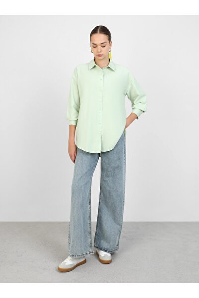 Benin Kurdele Detaylı Pamuklu Oversize Gömlek - Su yeşili - Benin