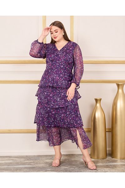 Styli Plus Ditsy Print Layered Tiered Midi Dress