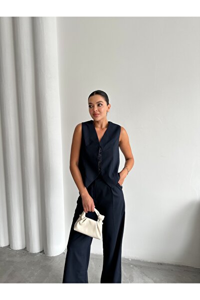 Laluvia Sötétkék Miranda szövet mellény nadrág szett