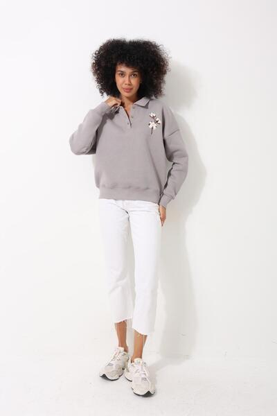 AMİDA Γυναικείο φούτερ Polo Neck Γκρι Κεντημένο Oversize - 2452