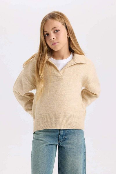 DeFacto Girls' Polo Neck Basic Plain Knitwear Sweater C9667A824Wn