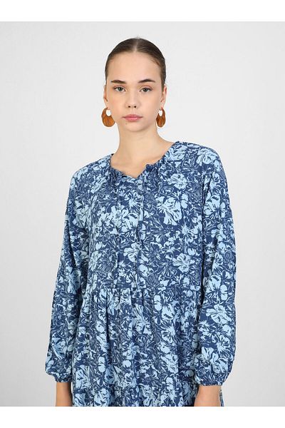 Refka Dark Indigo Floral Patterned Viscose Hijab Dress - Refka
