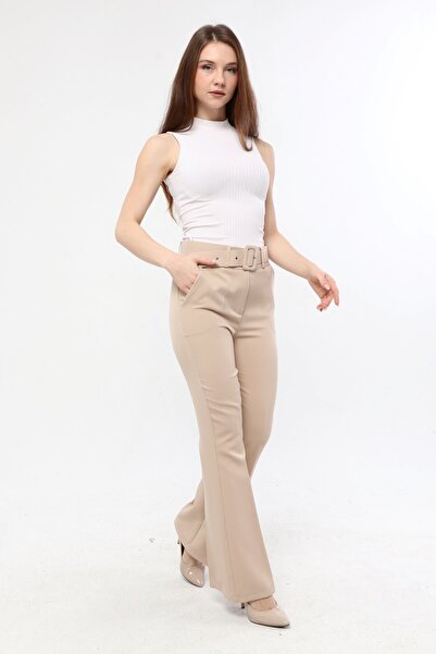 Deneme Kabinim بنطلون نسائي كلاسيكي من القماش بحزام - حجري