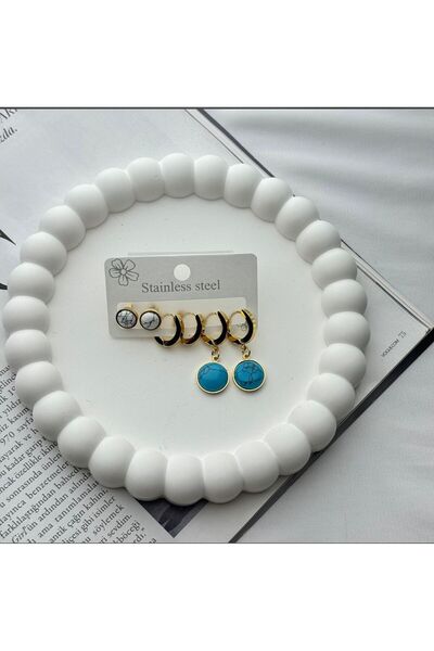 DEMOKAN Women's Steel Earrings 6-Piece Round Turquoise Ring Stone Detail Non-Tarnish Earrings