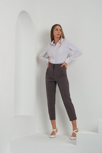 dk denemekabini Women's High Waist Cuffed Carrot Fabric Trousers - Gray