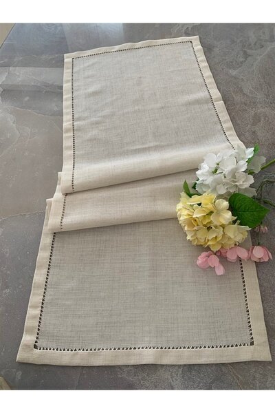 DUYGU KUMAŞ Ajur Detaylı Linen Kumaş Runner
