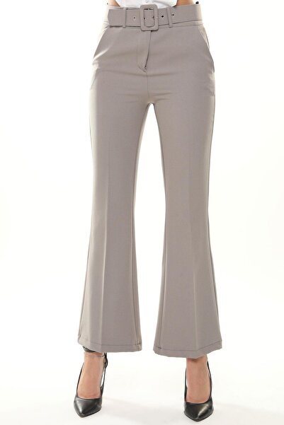 Deneme Kabinim Women's Spanish Leg Classic Belted Fabric Trousers - Gray