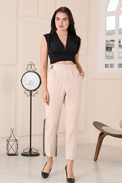 dk denemekabini Women's Back Elastic Waist Belt Detailed High Waist Pocket Carrot Fabric Trousers - Stone