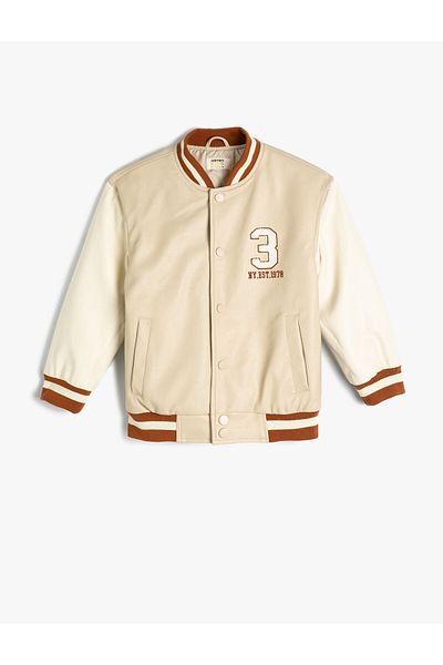 Koton Bomber Collar College Jacket - Snap Button and Pocket