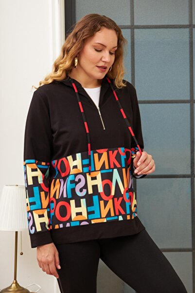 Genel Markalar Bezexl Harf Baskılı Büyük Beden Siyah Sweatshirt
