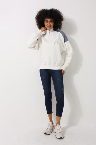 AMİDA Hanorac supradimensionat pentru femei, albastru, cu jumătate de gât țesut, cu fermoar, cu detaliu de broderie - 2451